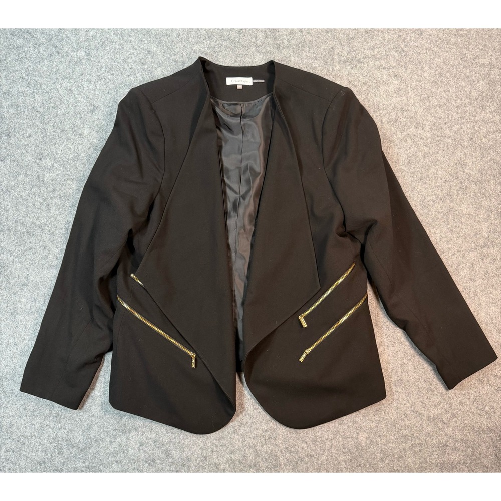 Calvin Klein Womens Black Gold Zip Accent Open Front Blazer Jacket 18W